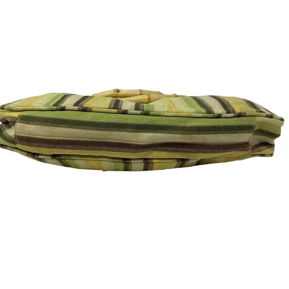 Vintage Bamboo Handle Striped Canvas Handbag Green Yellow Brown Resort Boho Tote